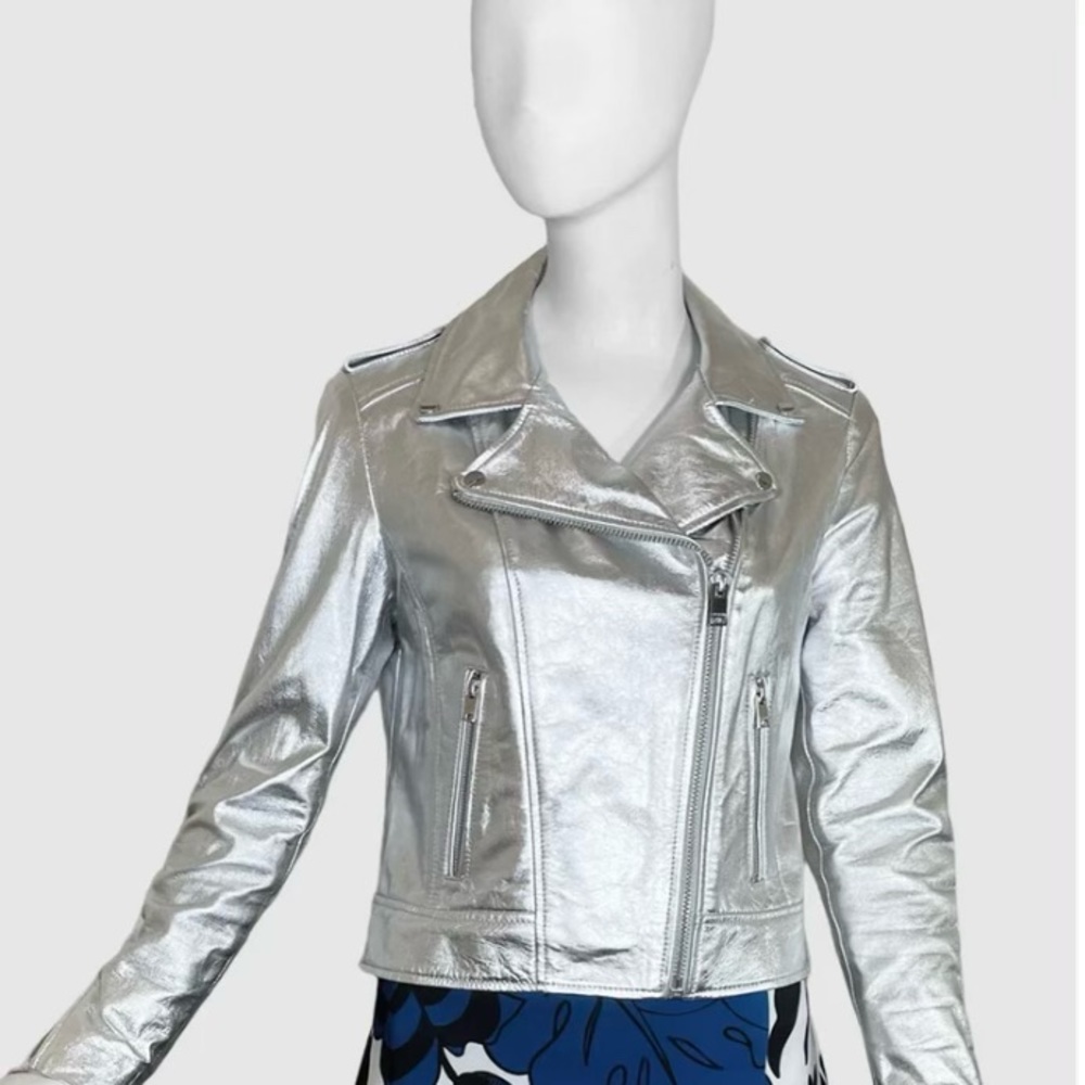 Lamarque Silver Metallic Leather Moto Jacket